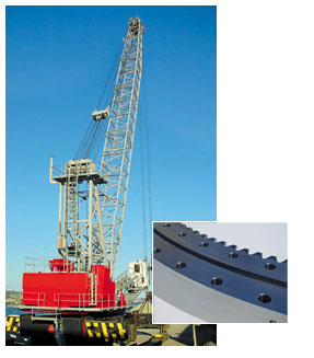 Harbor mobile crane often use Triple Row Roller Slewing Rings with an external diameter up to 5,000 mm (196 in) to carry the high tilting moments.