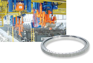 Slewing Rings find diverse applications in steel works and foundries such as loading cranes, traversing-revolving cranes, wall slewing cranes, cover swing gears and ladle turrets. In the construction industry, Slewing Rings are used in gantry ceiling-boom cranes.