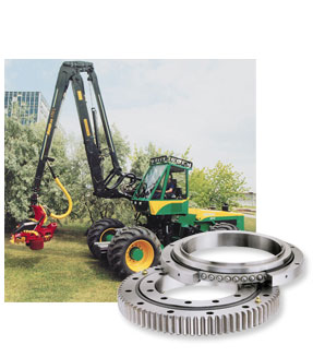 Harvesters use our Ball Slewing Rings and Slew Drives for the axle swing arm, the crane boom, the harvester head (with a chain saw) and a rotatable cab.