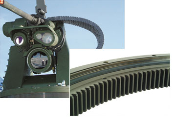 This gun carriage is mounted on a Ball Slewing Ring. The bearing is given special raceway geometry to minimize the effects of distortion on its operation. The Slewing Ring includes a special seal and surface coating due to special environmental conditions.