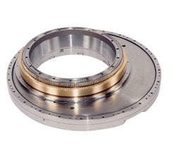 Eccentric bearing unit from a machine tool used for diesel engine crankshaft machining. The bearing unit contains two high precision cross roller raceways and one slide bearing. The integrated toothing makes it possible to adjust the eccentricity allowing machining of all of the crankshaft bearing surfaces in just one operation. The unit has an external diameter of around 1,200 mm (47 in). 