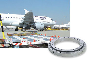 Untoothed Ball Slewing Rings with a diameter of 400 mm (16 in) form the hinge of the air cargo luggage ramp as shown in the picture taken at Frankfurt airport.